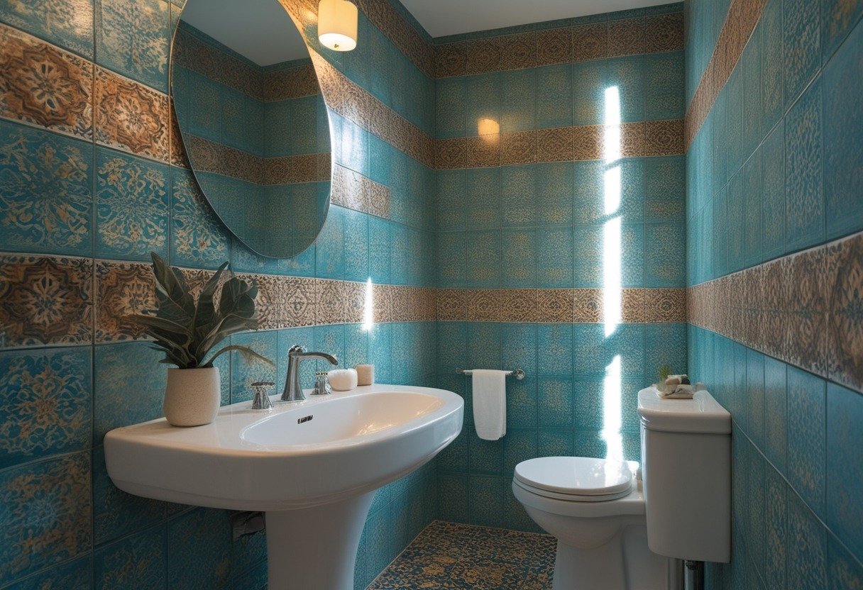 A bright powder room with patterned walls, a white pedestal sink, a round mirror, and a small plant on the counter.