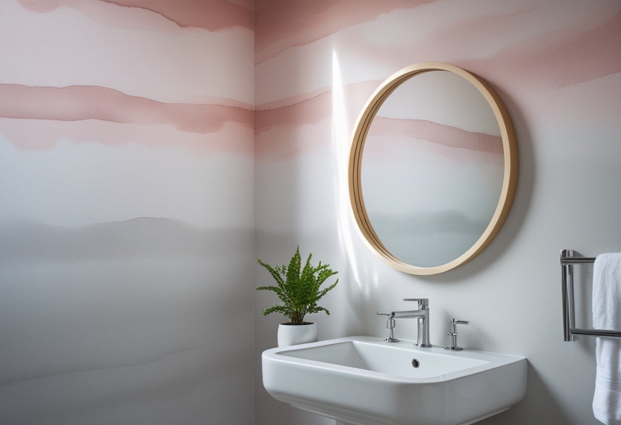 A powder room with a white pedestal sink, a round mirror, and blush-to-gray ombre wallpaper on the walls.