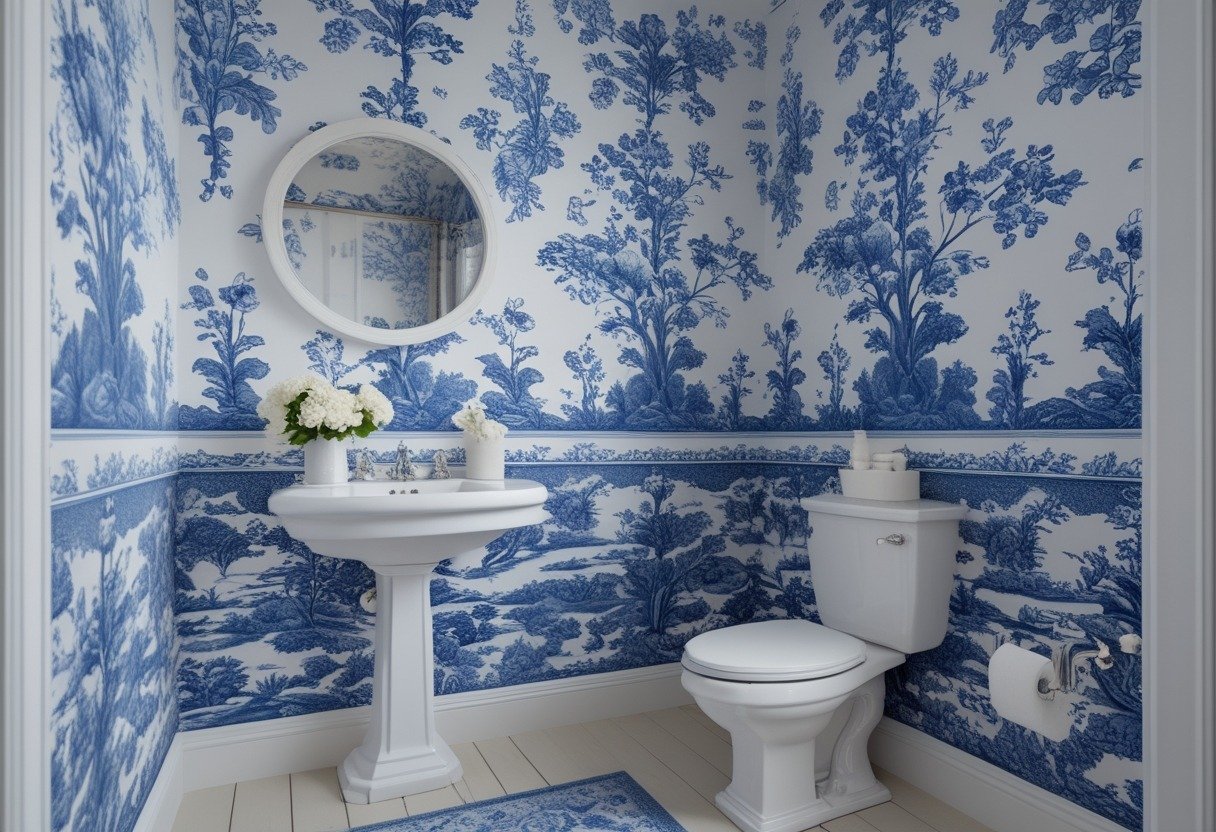 A powder room with blue and white patterned wallpaper, a white pedestal sink, a round mirror, and a small vase of flowers on the sink.