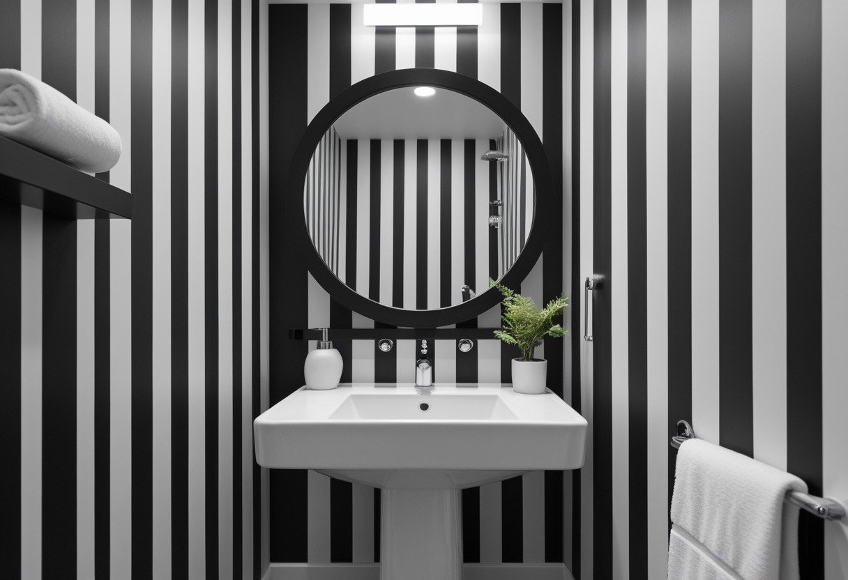 A powder room with black and white wide striped wallpaper, a white pedestal sink, a round mirror, and a small potted plant on a shelf.