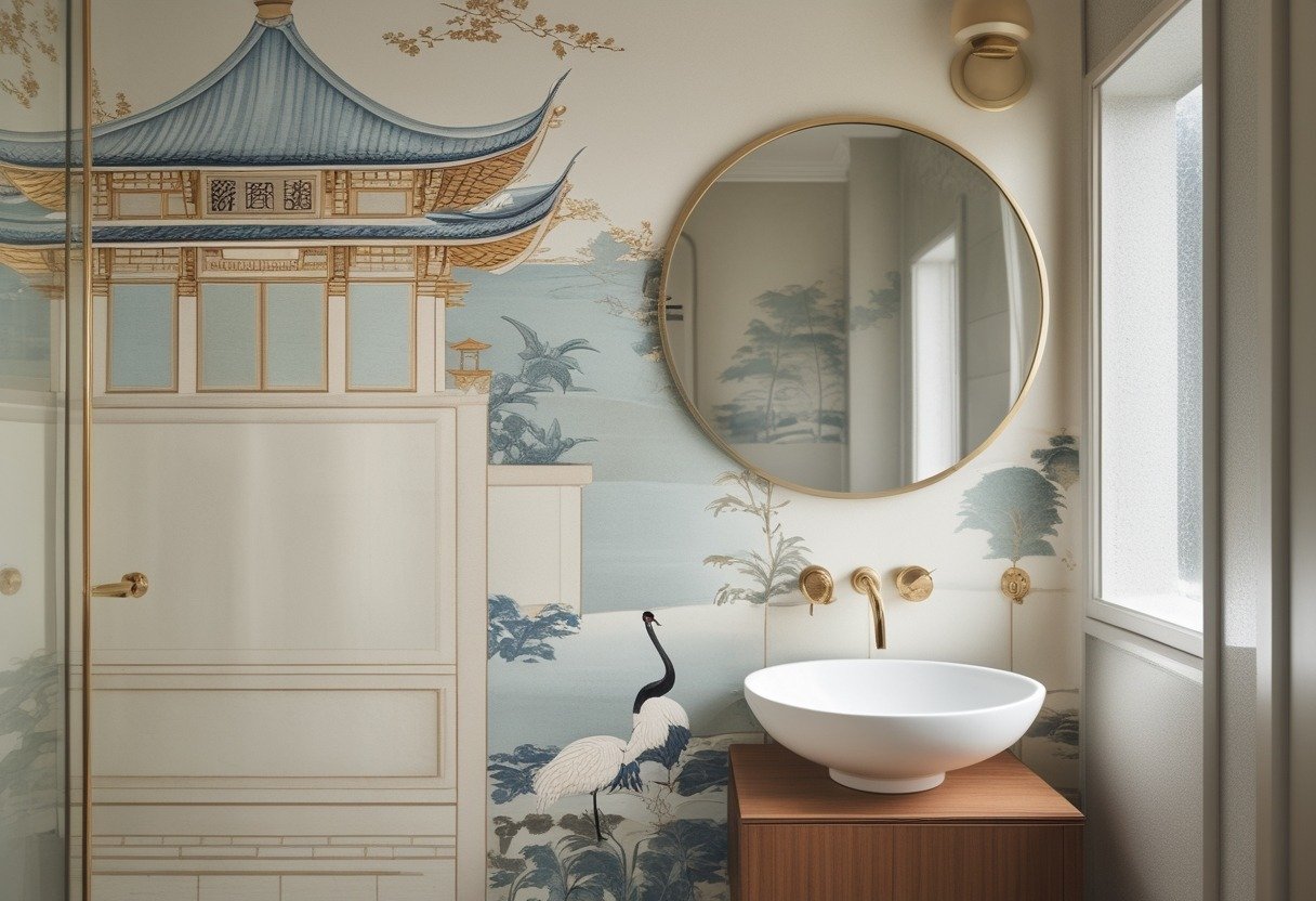 A powder room with a wall mural showing a pagoda and cranes, a white sink with chrome fixtures, and a round mirror above a wooden vanity.