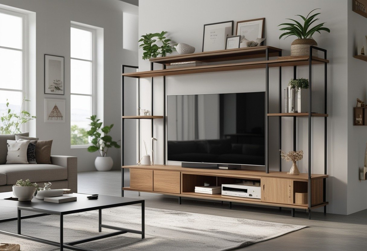 A modern living room with a TV rack, sofa, coffee table, and decorative items in a bright and organized space.