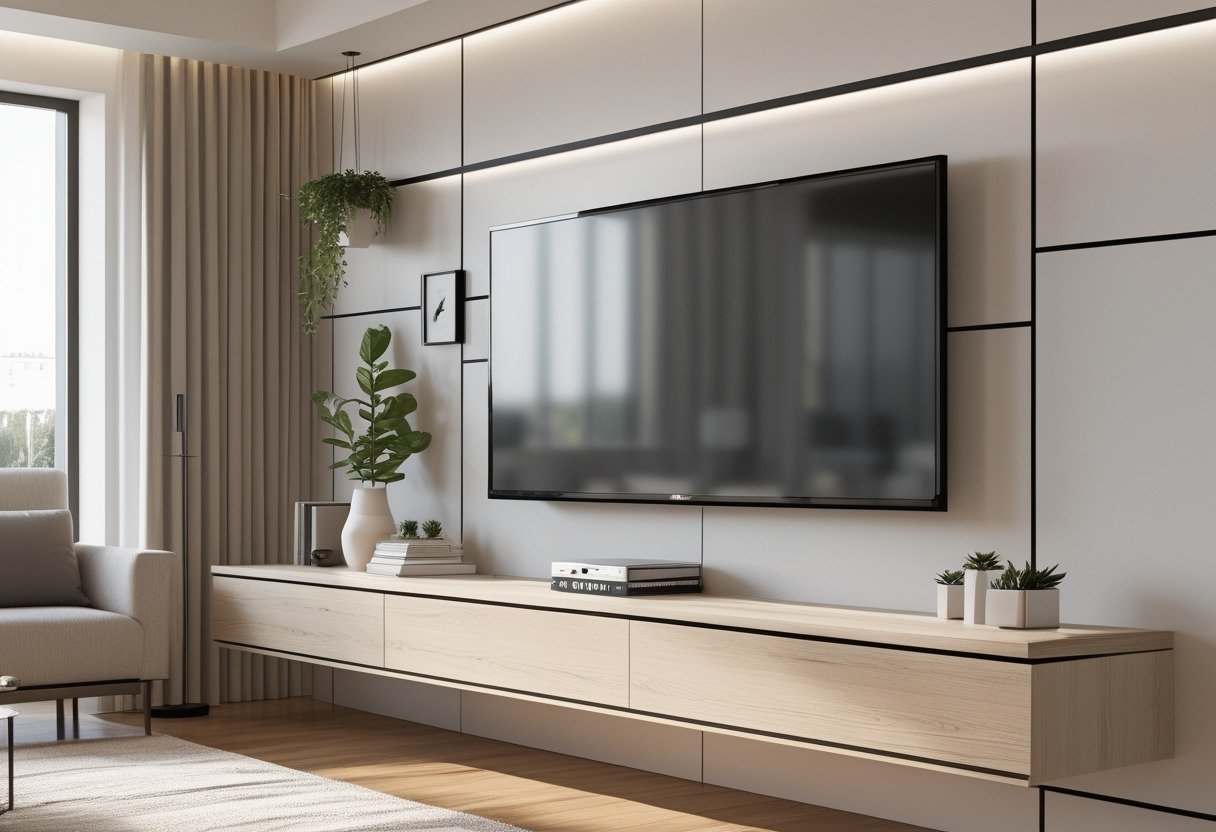 A modern living room with a floating media console mounted on the wall, a flat-screen TV above it, and no visible cables.