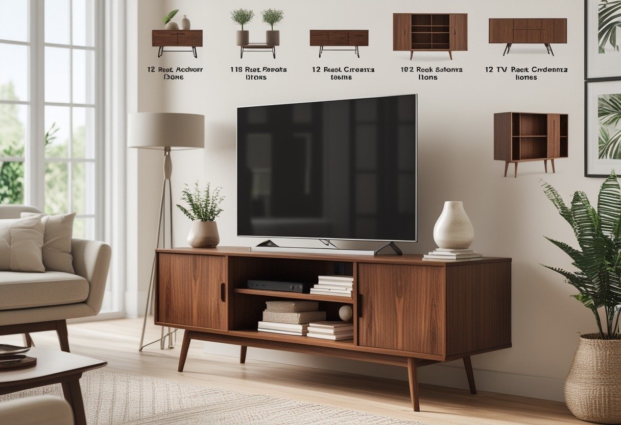 A living room with a walnut TV credenza holding a flat-screen television and decorative items, surrounded by a sofa and a floor lamp.