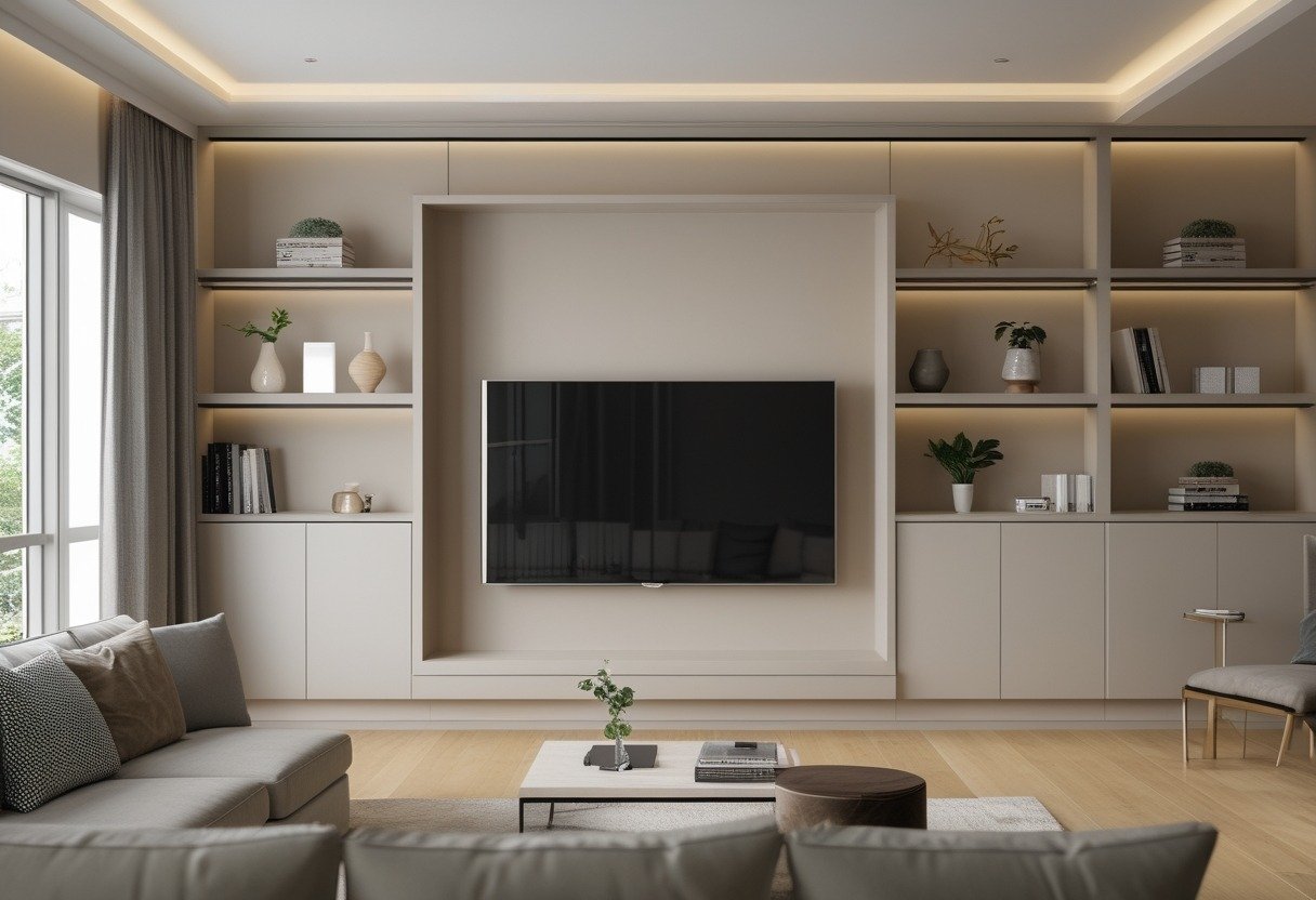 Living room with a built-in wall unit featuring a recessed TV niche surrounded by shelves and cabinets, with a sofa and coffee table in front.