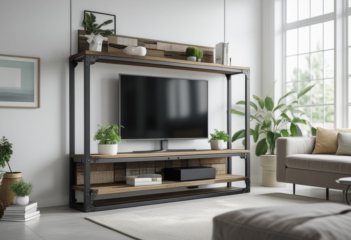A living room with a metal and reclaimed wood TV rack holding a flat-screen television and decorative items.
