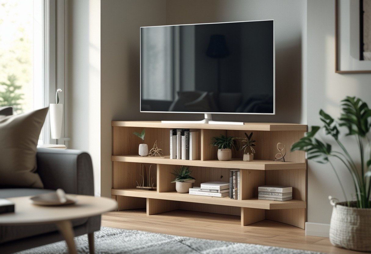 A corner TV stand with open shelves holding decorative items and a television in a living room.