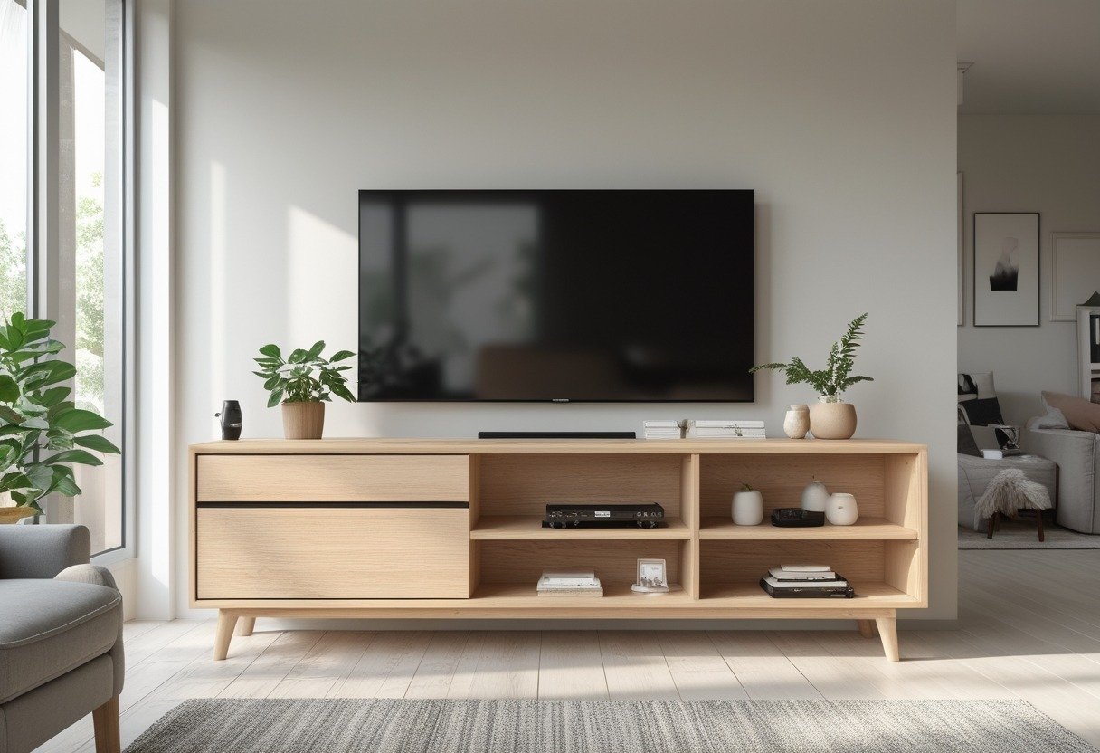 A low-profile wooden TV console with a flat-screen TV above it in a bright living room with natural light and minimal decor.