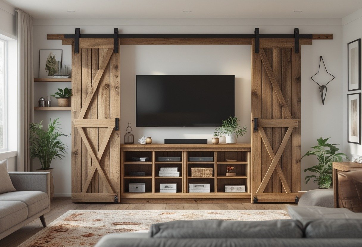 Living room with an entertainment center featuring sliding barn doors and a TV rack, with a sofa and decorative items.