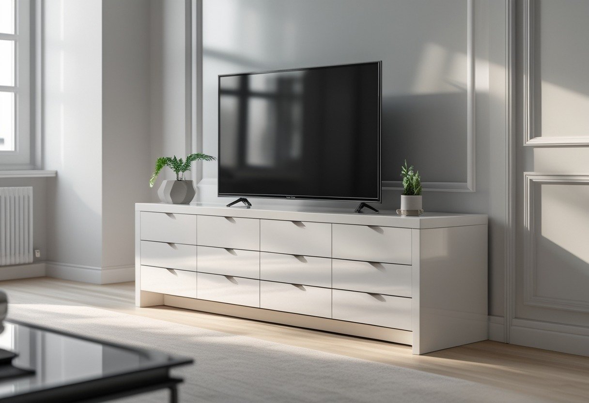 A white TV cabinet with drawers in a bright living room, holding a large flat-screen television.
