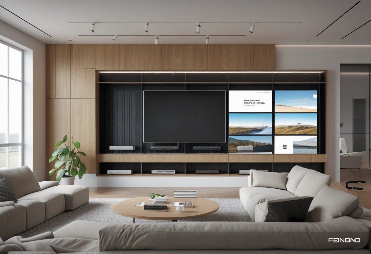 A spacious living room with a modular media wall holding multiple televisions and modern furniture.