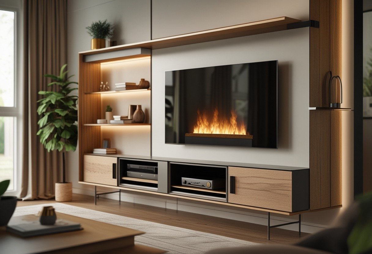 Living room with a TV unit featuring a built-in fireplace below the television.