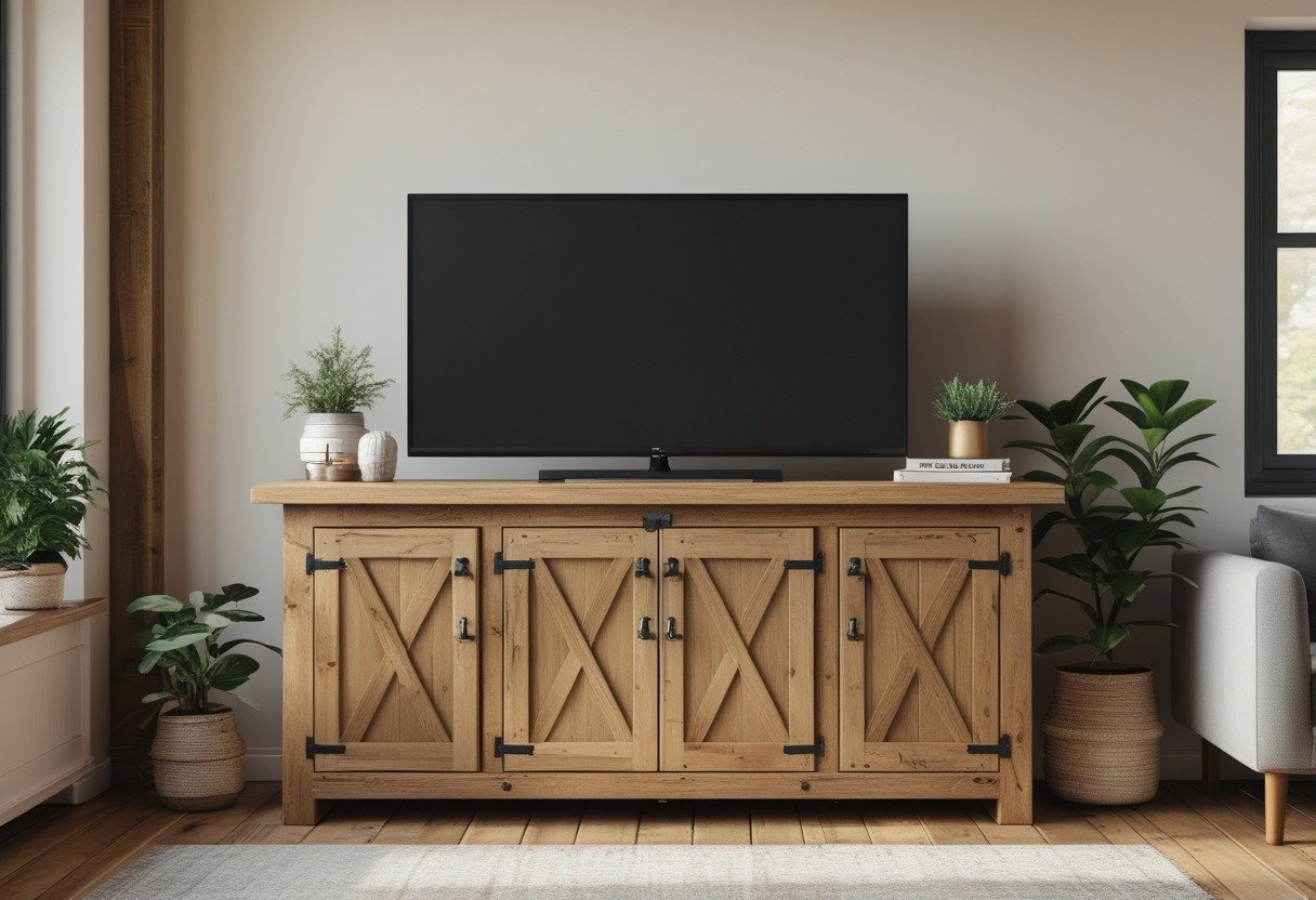 A living room with a wooden TV buffet cabinet holding a flat-screen television and decorative items.