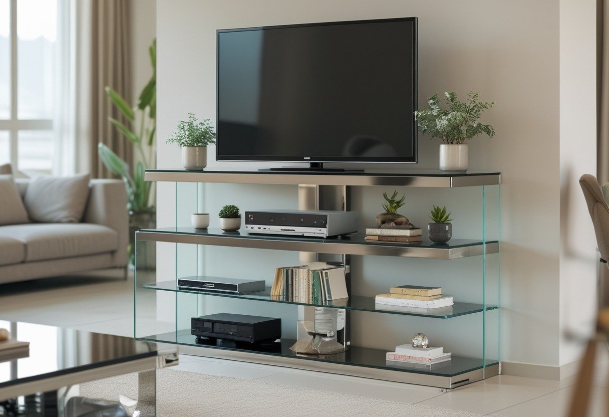 Living room with a glass and chrome TV stand holding a flat-screen television and decorative items on glass shelves.