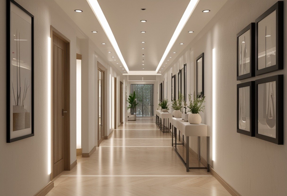 A long, narrow hallway with light walls, wooden floor, framed artworks, a narrow console table with plants, and a window at the end letting in natural light.