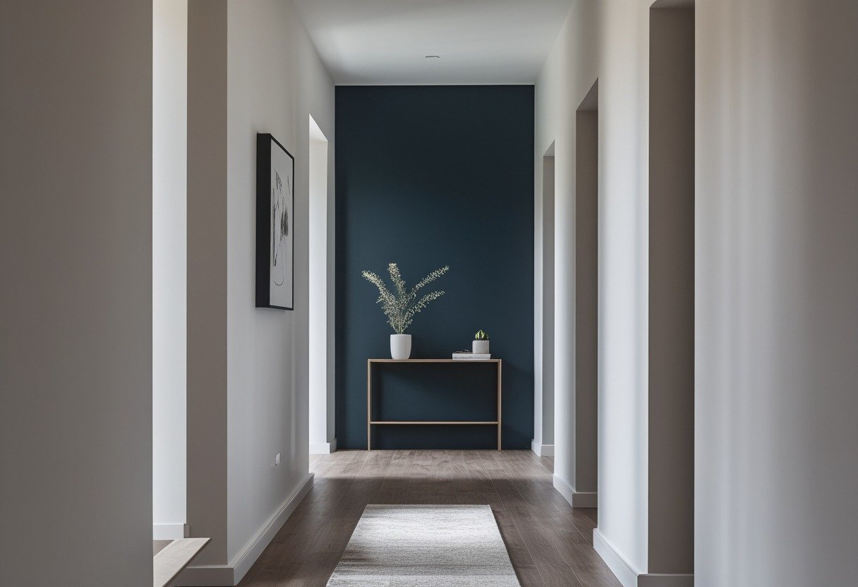 Long narrow hallway with one dark accent wall and light walls on the other sides, wooden floor, and simple decorations.
