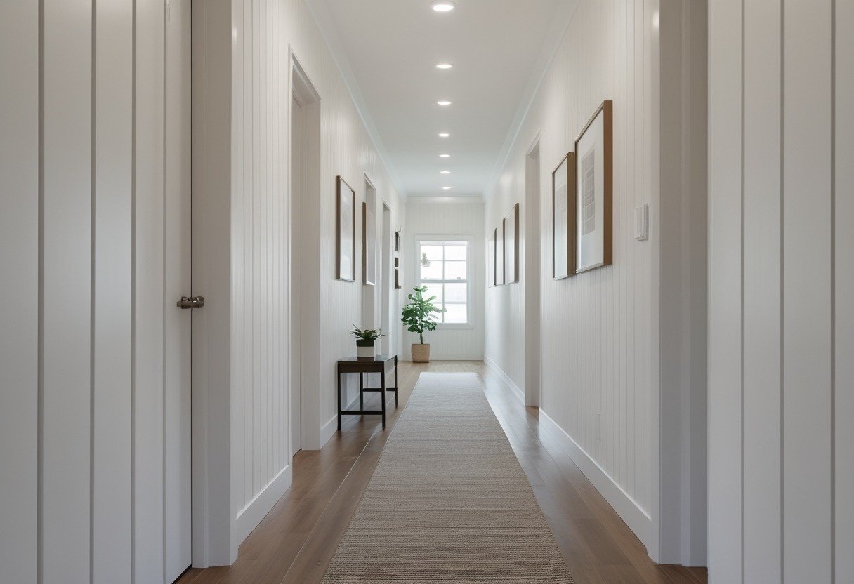 A long narrow hallway with vertical shiplap paneling on the walls, hardwood flooring, a runner rug, and natural light coming from a window at the end.