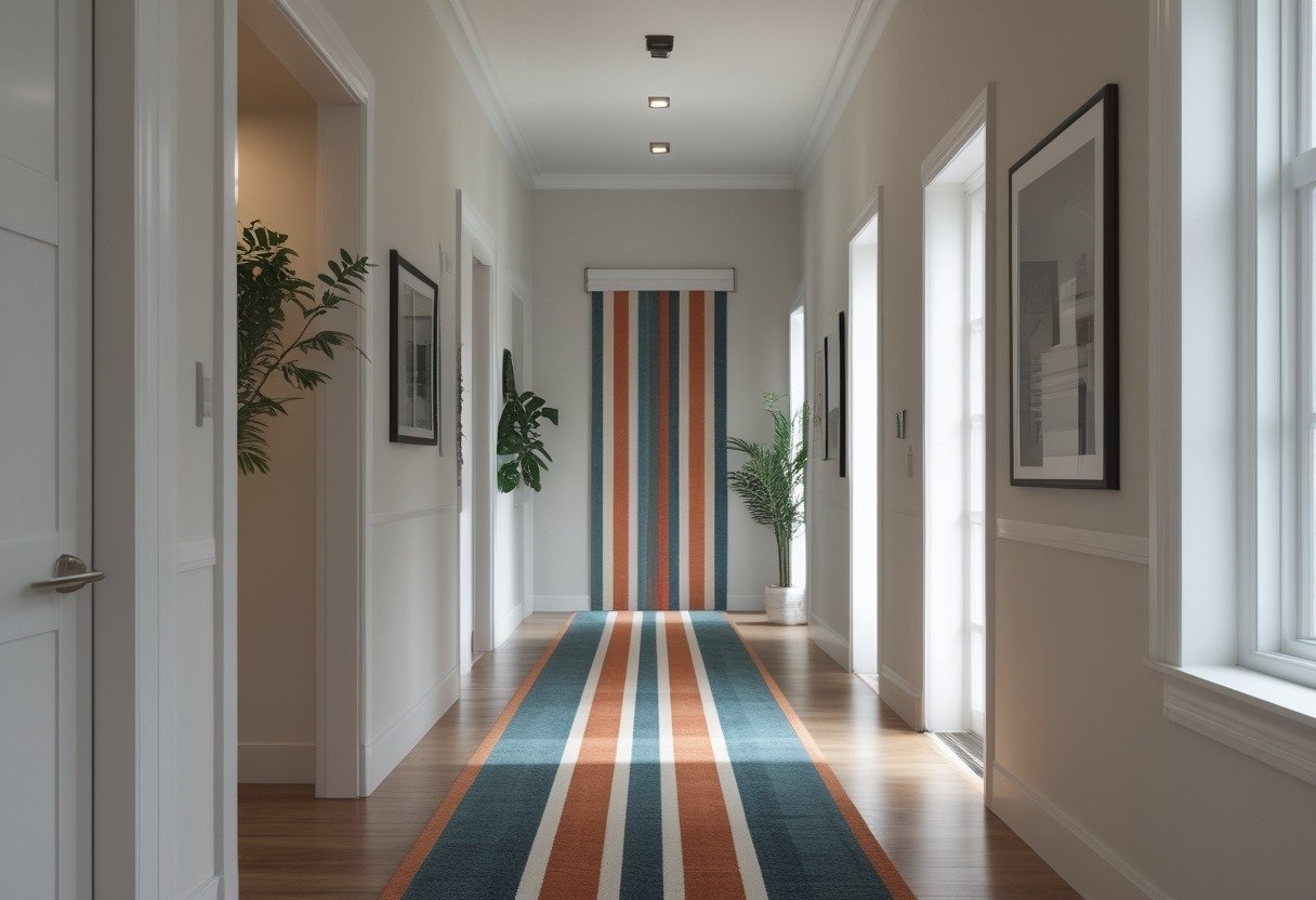 A long narrow hallway with a bold striped runner rug laid along the wooden floor, illuminated by natural light.