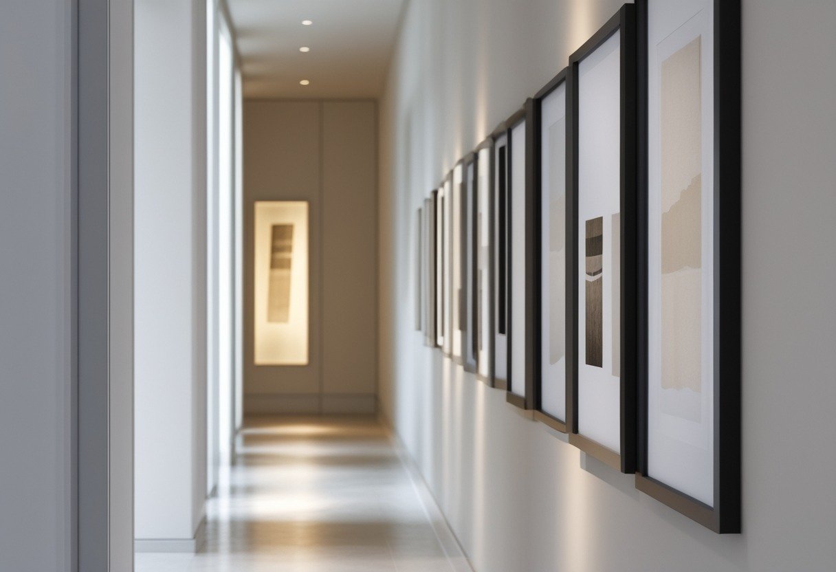 A long narrow hallway with a row of matching picture frames mounted evenly along one wall.
