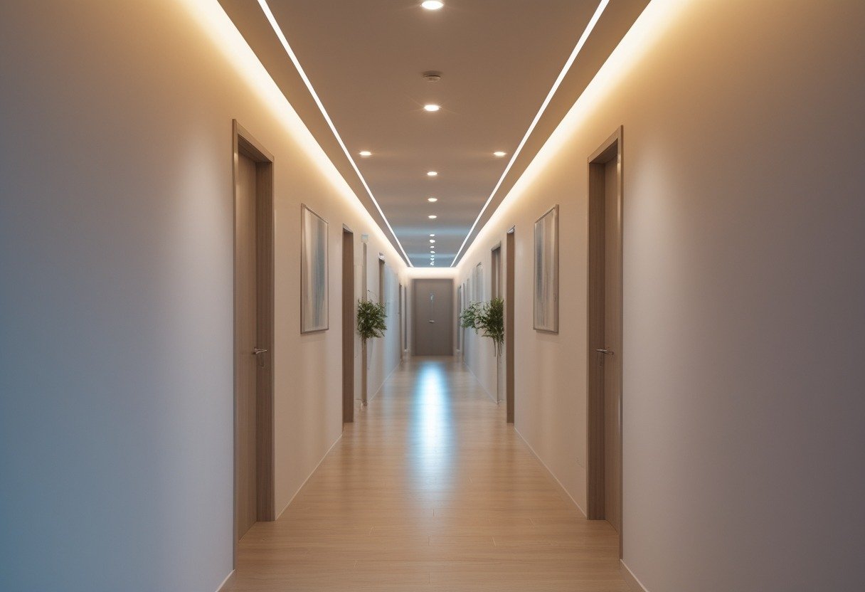 Long narrow hallway with recessed LED cove lighting along the ceiling, smooth walls, and a polished floor.