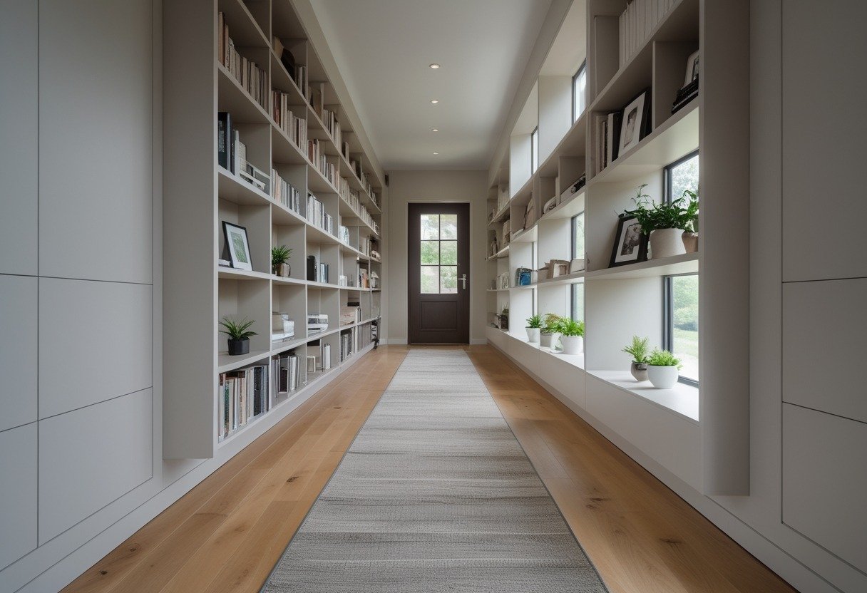A long, narrow hallway with slim built-in shelves holding books and decorative items along one wall.