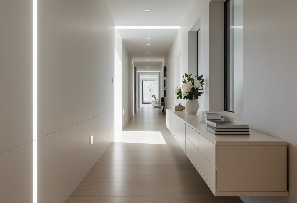 A long narrow hallway with a slim console table featuring storage drawers along one wall.