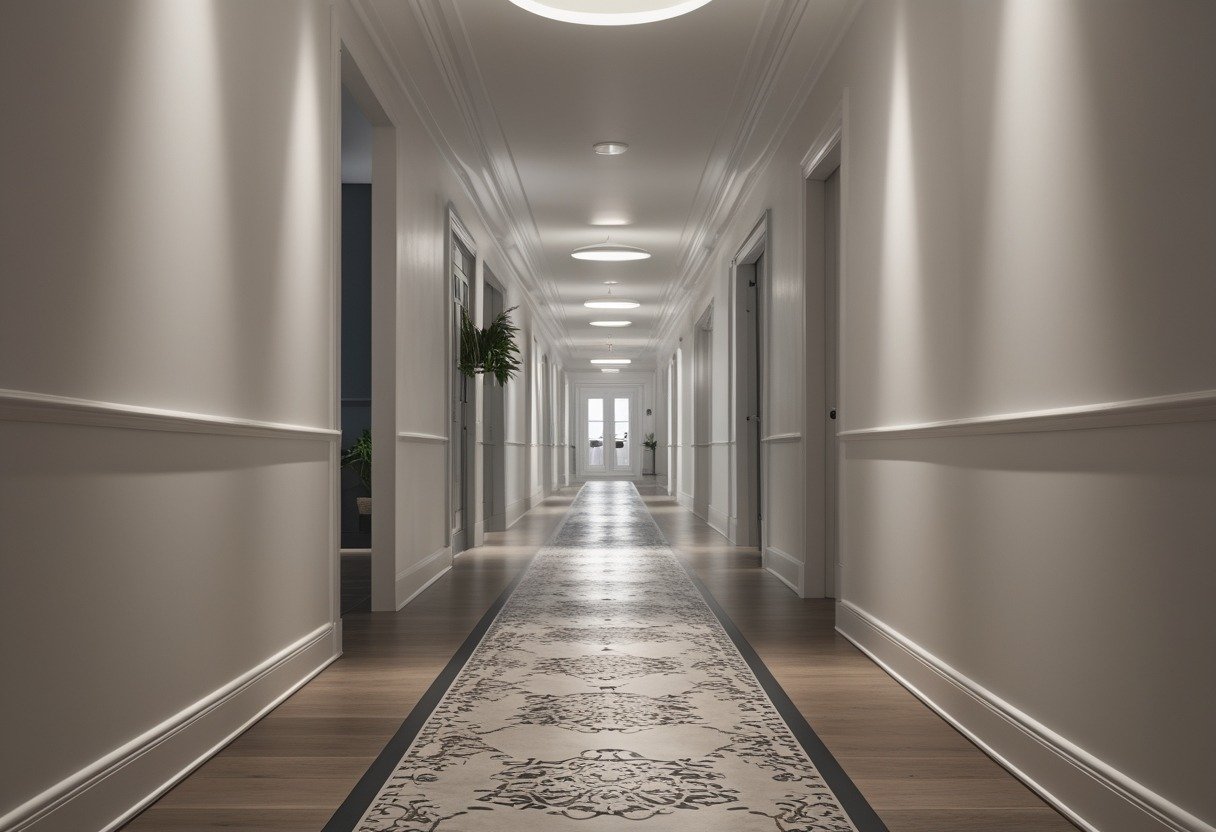 A long narrow hallway with a painted floor runner on a wood or concrete floor, decorated with plants and simple wall art.