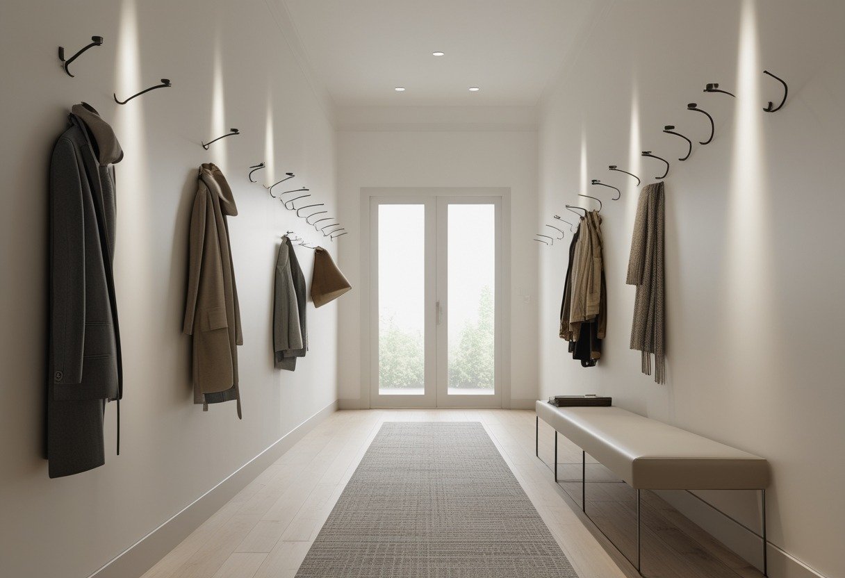 A long narrow hallway with floating coat hooks on the wall and a slim bench underneath.