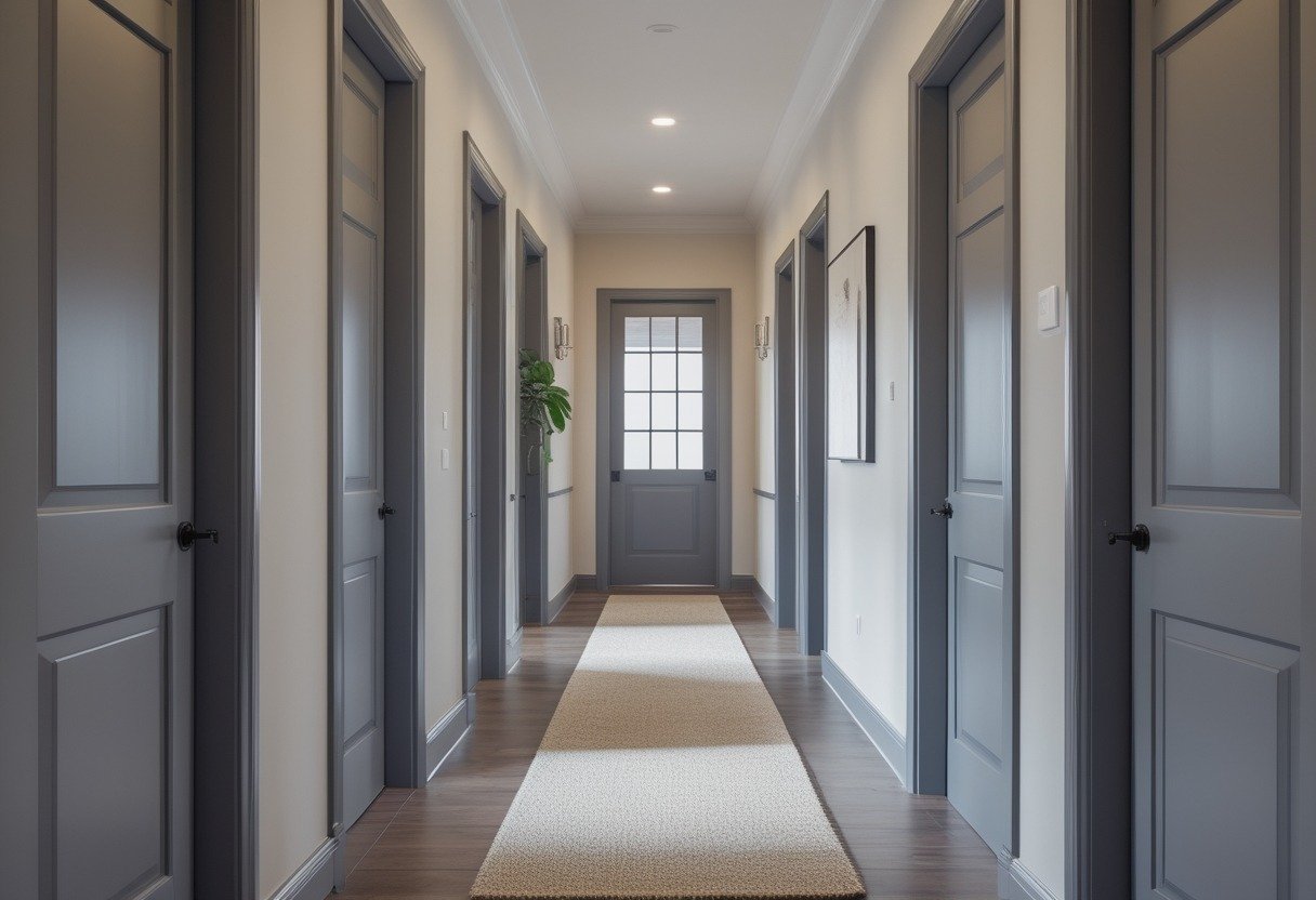 A long narrow hallway with light-colored walls and darker painted doors and trim, featuring wooden floors and simple decor.