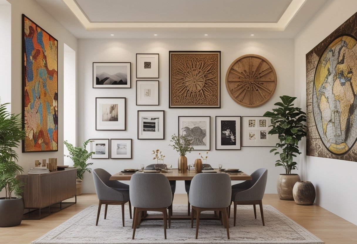 A dining room with a wooden table and chairs surrounded by ten different large wall decorations including paintings, prints, sculptures, and a mirror.