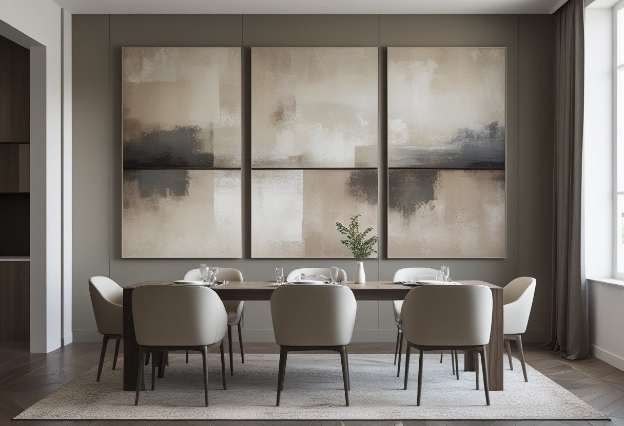 A dining room with a large wooden table and three-panel abstract artwork in muted colors on the wall behind it.