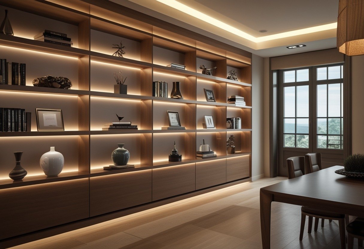 Dining room with built-in floor-to-ceiling shelves illuminated by warm LED lights, featuring decorative items and a large wooden dining table.