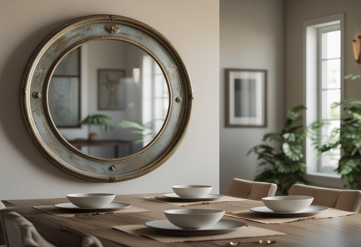 A large round antique mirror with a distressed brass frame hanging on a dining room wall above a wooden dining table set for a meal.