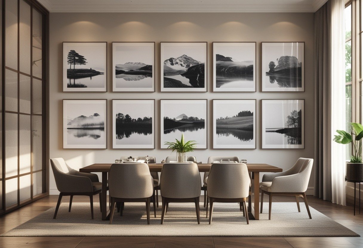 A dining room with a large wooden table and chairs, featuring a wall decorated with multiple framed black-and-white landscape photos arranged in a gallery style.