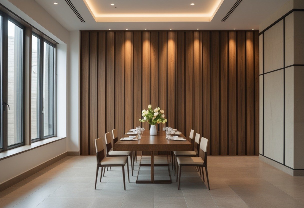 A large dining room with a wooden slat accent wall and a dining table with chairs set for a meal.