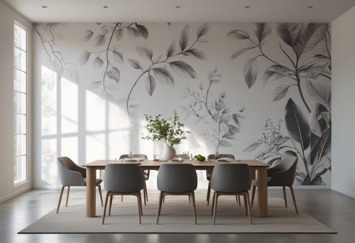 Dining room with a large wooden table and chairs in front of a wall covered by a floor-to-ceiling botanical mural in soft monochrome.