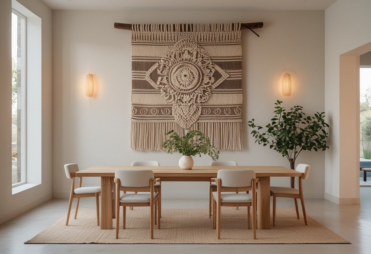 A spacious dining room with a large woven tapestry hanging on the wall above a wooden dining table surrounded by chairs, illuminated by natural light.