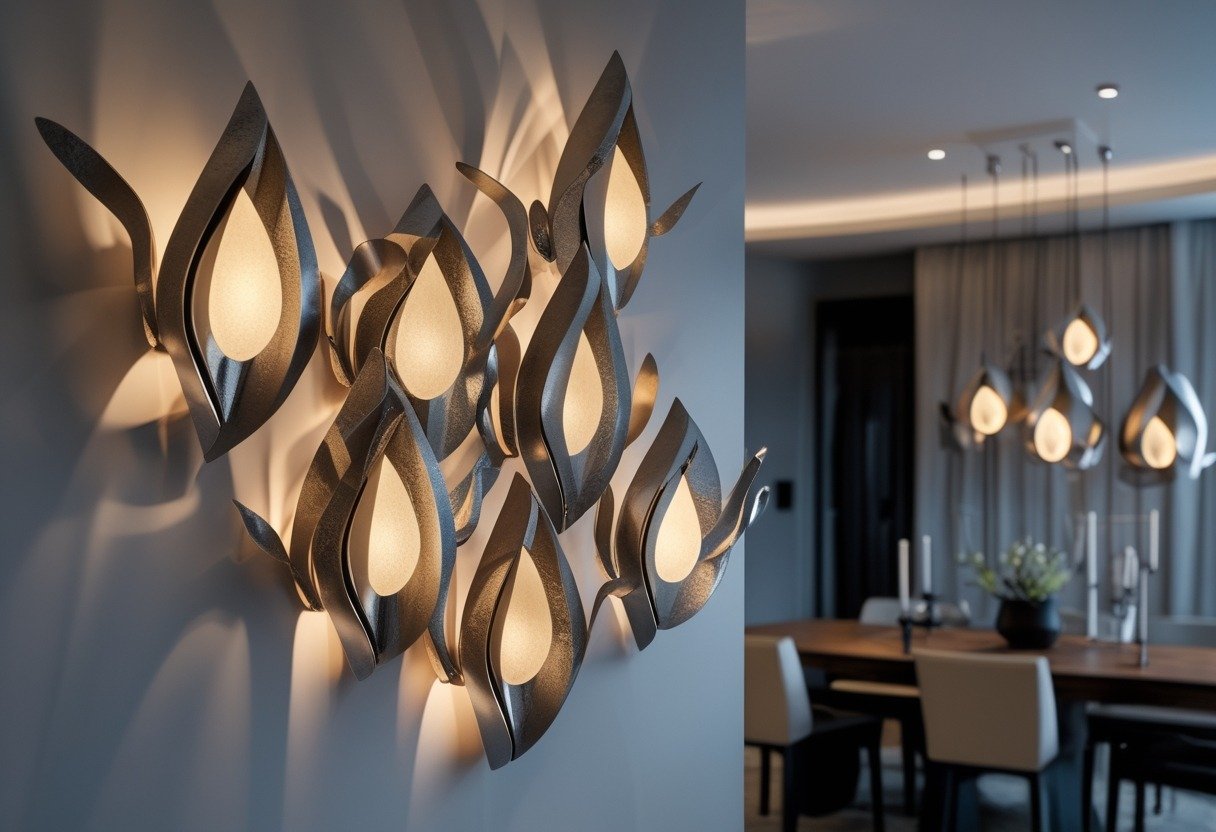 Cluster of large sculptural metal wall sconces providing layered lighting in a dining room with a wooden table and chairs.