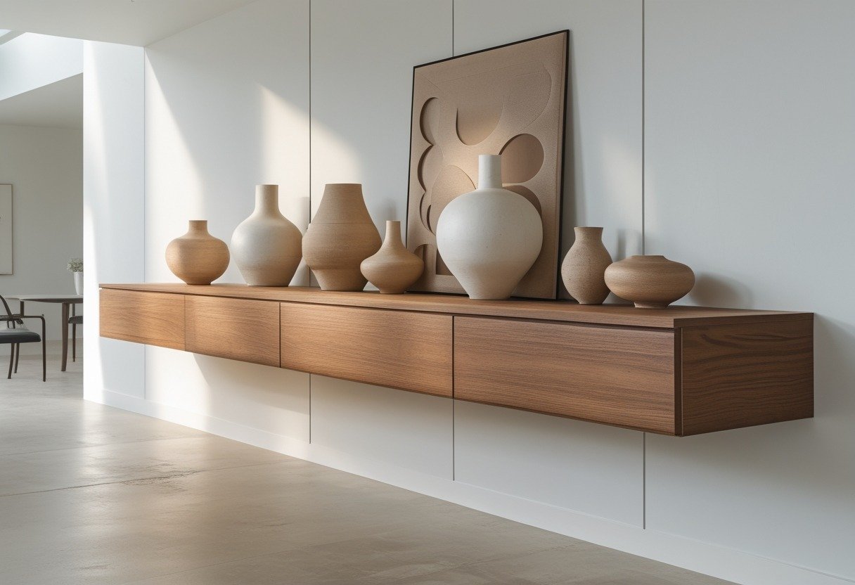 Long floating wooden credenza with sculptural ceramic vases and art pieces on top in a dining room.