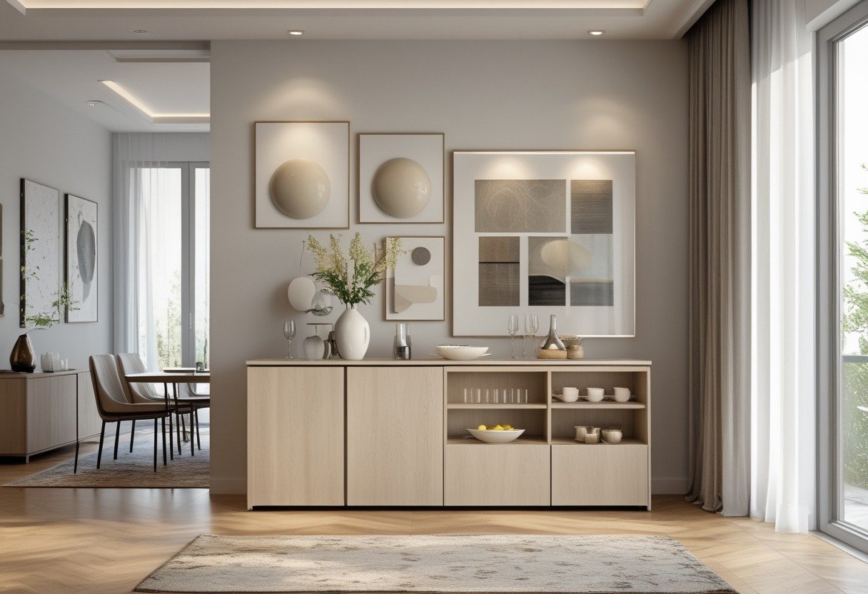 A dining room with a wall-mounted folding buffet table set for serving, surrounded by large decorative wall art.