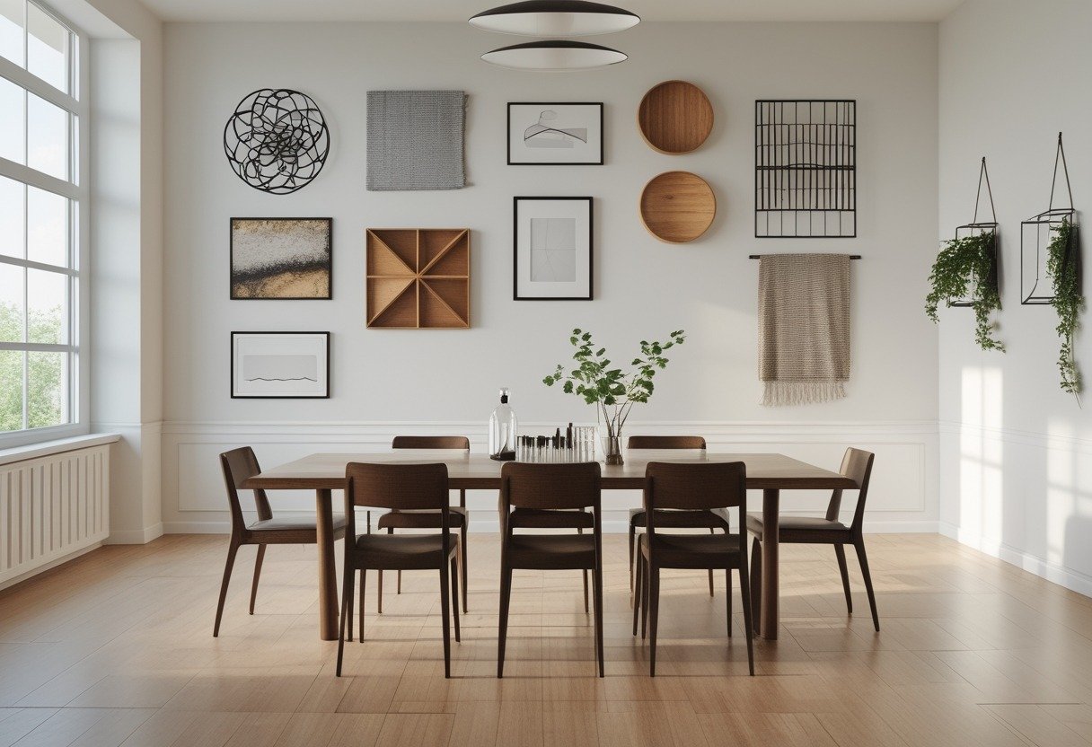 A modern dining room with a wooden table and chairs, featuring twelve different pieces of wall decor on the walls.