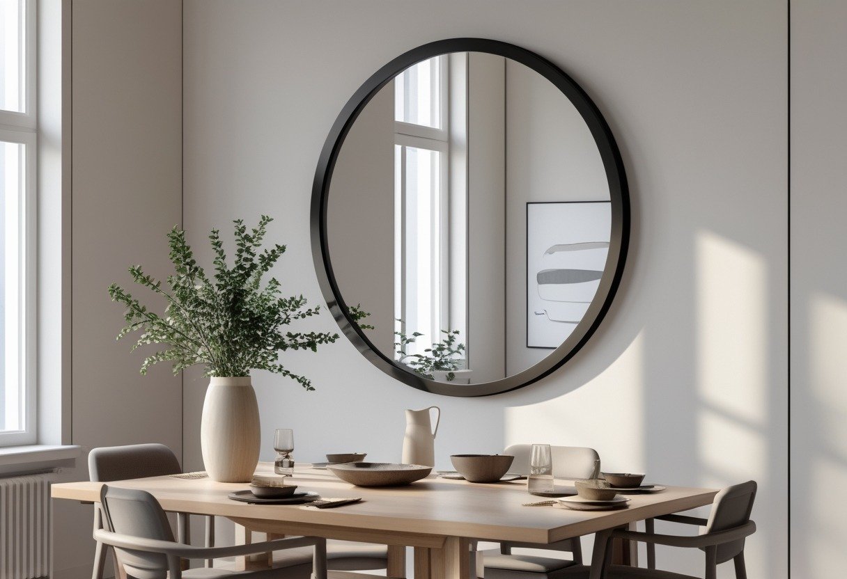 Dining room with a large round mirror with a black frame above a wooden table set with chairs and decorative items.