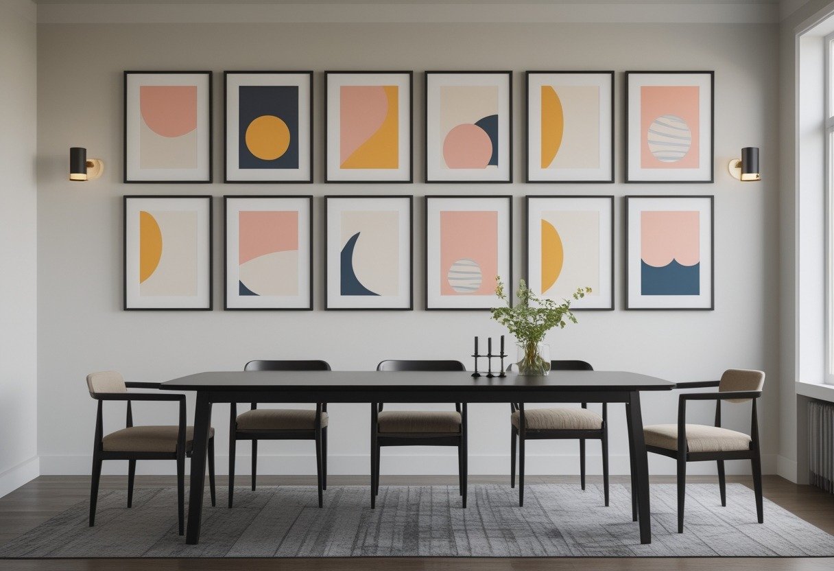 Dining room with a gallery wall of twelve framed modern art prints above a minimalist dining table and chairs.
