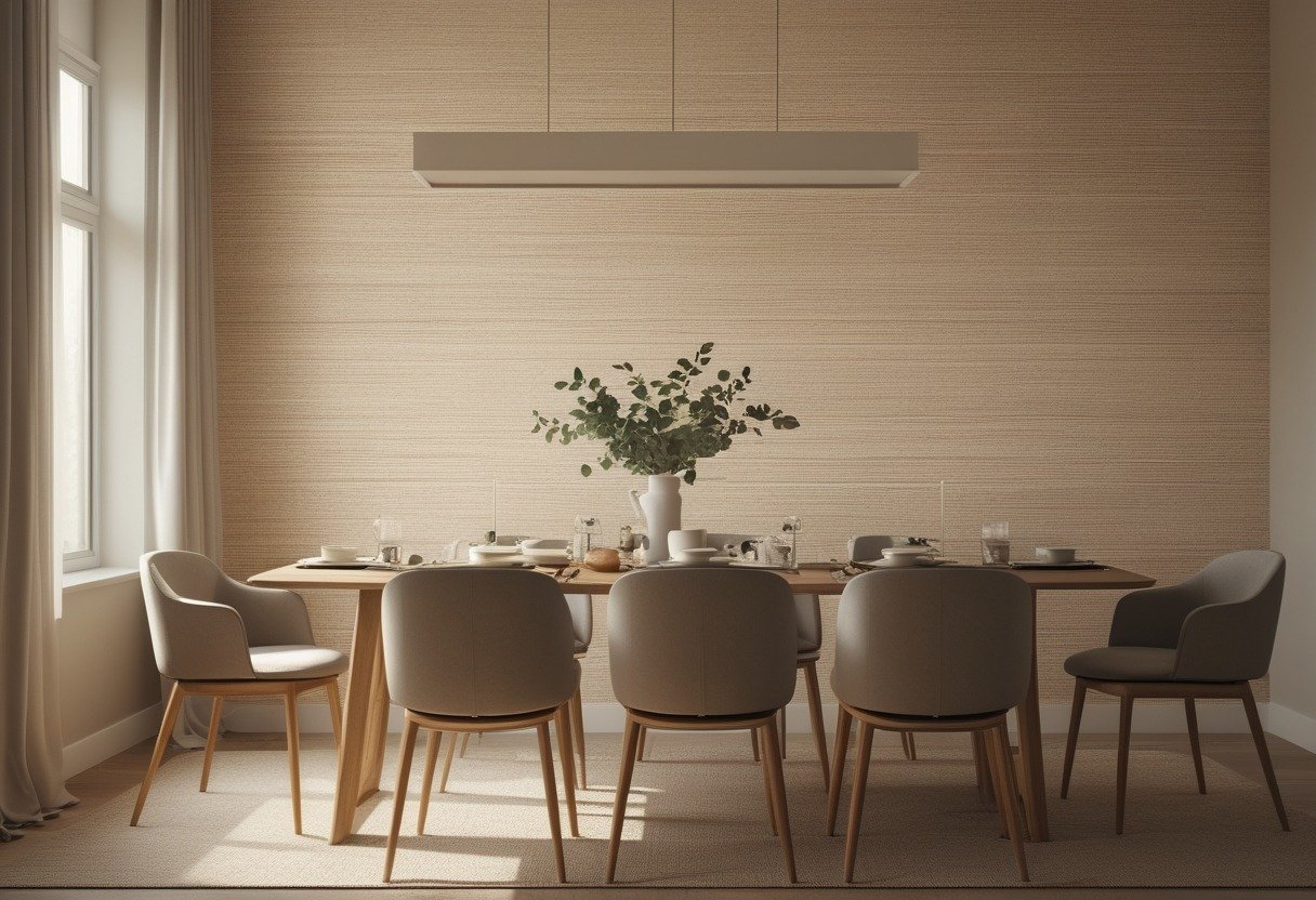 Dining room with a wooden table, chairs, and textured neutral wallpaper, softly lit by natural light.