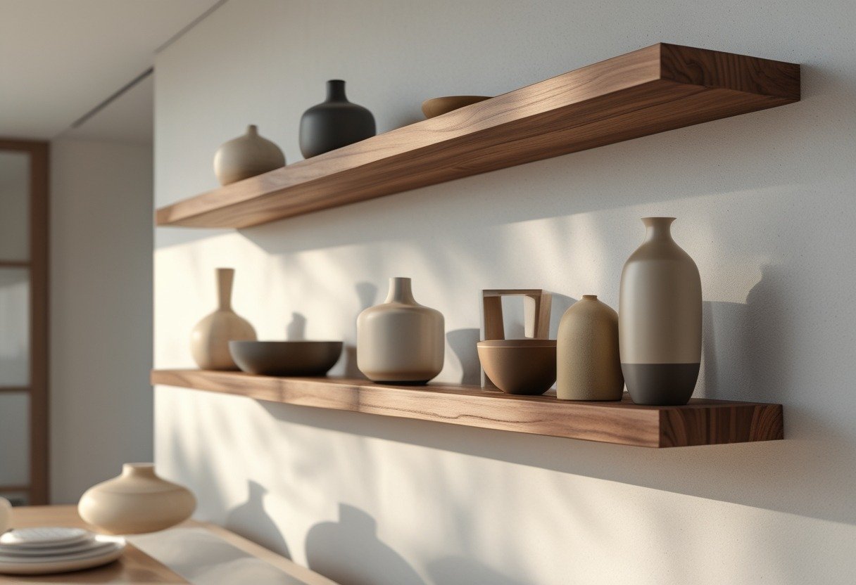 Floating walnut shelf on a dining room wall displaying various ceramic vases and bowls.