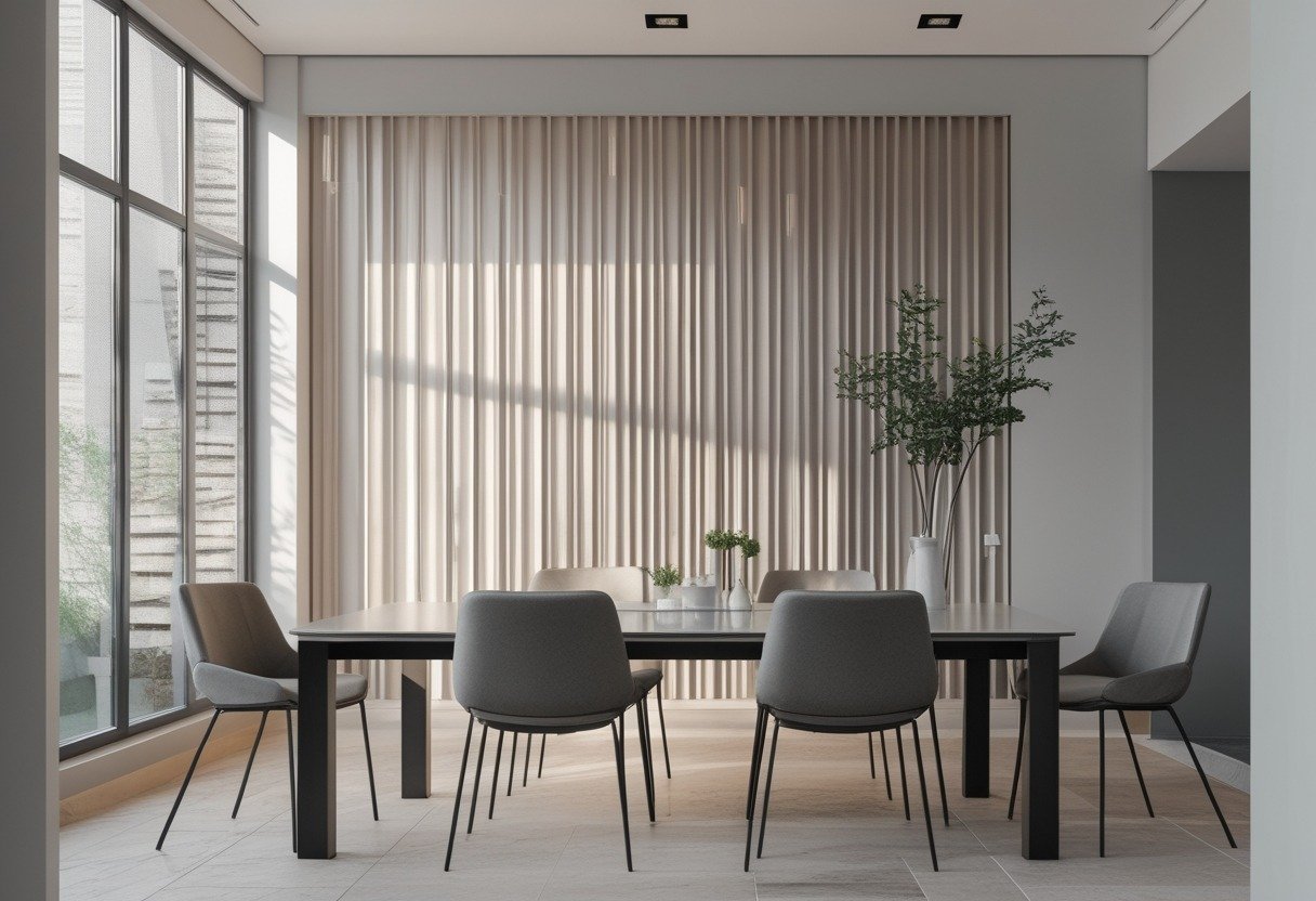 Dining room with a vertical gray wood slat accent wall, a dining table, and chairs under natural light.