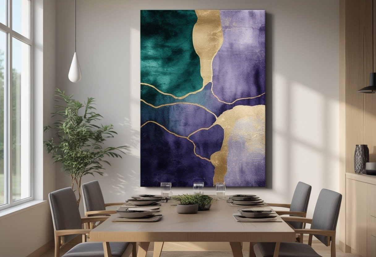 A dining room with a large abstract painting in muted jewel tones hanging on the wall above a wooden dining table with chairs.
