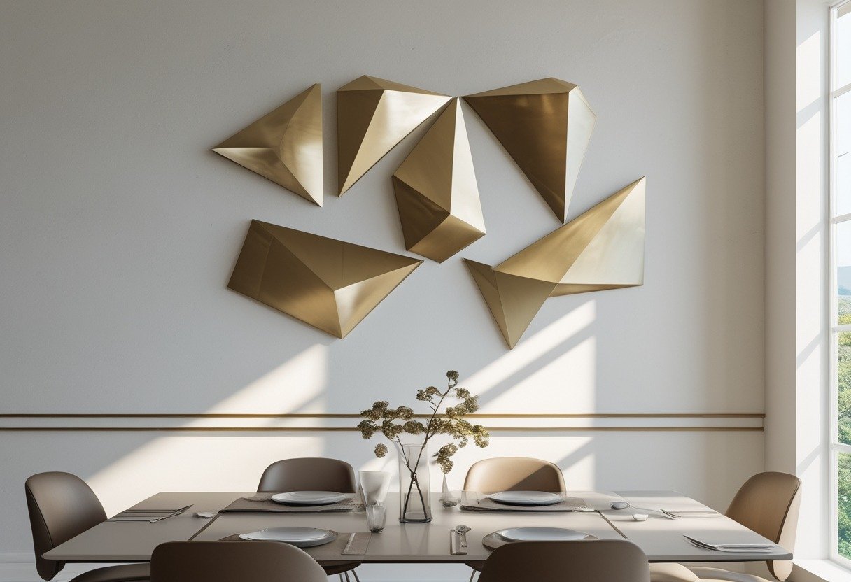Dining room with a geometric metal wall sculpture above a dining table set with chairs.