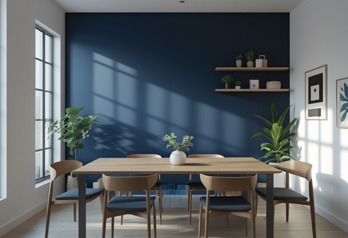 Dining room with a deep navy blue accent wall, wooden table, modern chairs, and natural light from large windows.