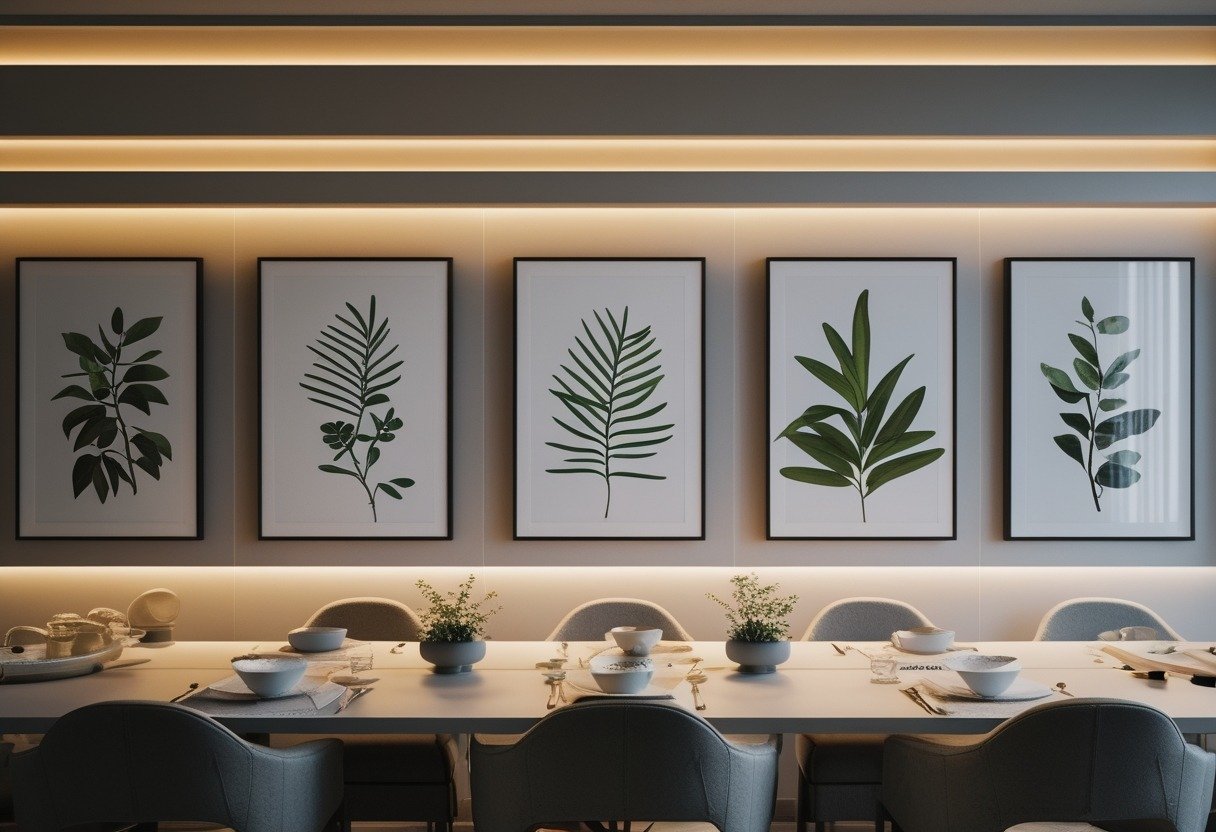 A dining room with built-in ledge lighting illuminating framed botanical prints on the wall above a dining table.